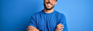 man with beard on blue background