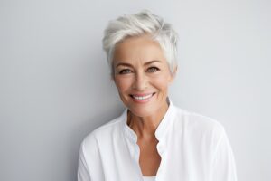 Smiling woman with grey hair